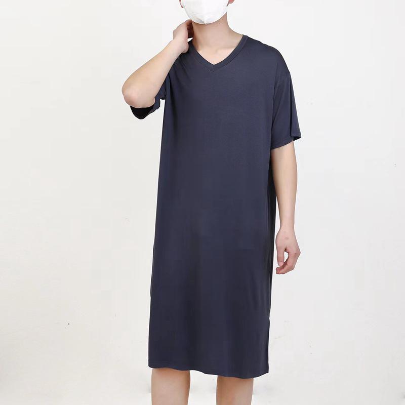 Men's Long Modal Nightgown - Short Sleeve V-Neck