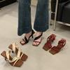 Retro square-heeled sandals one-word high heels French elegant cool slippers one-pedal open-toed high-heeled slippers