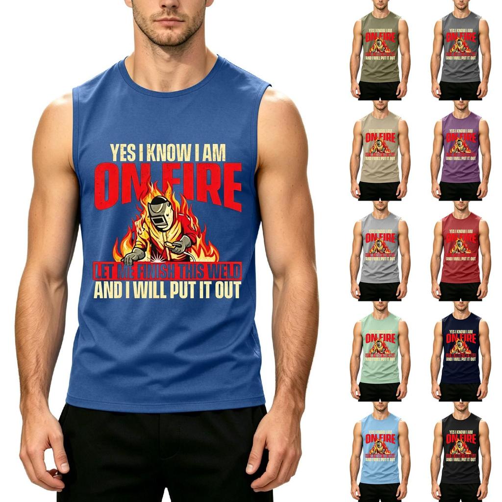 Men's Sleeveless Casual Tank Top Labor Day Print Crew Neck Lightweight Summer Workout Shirt