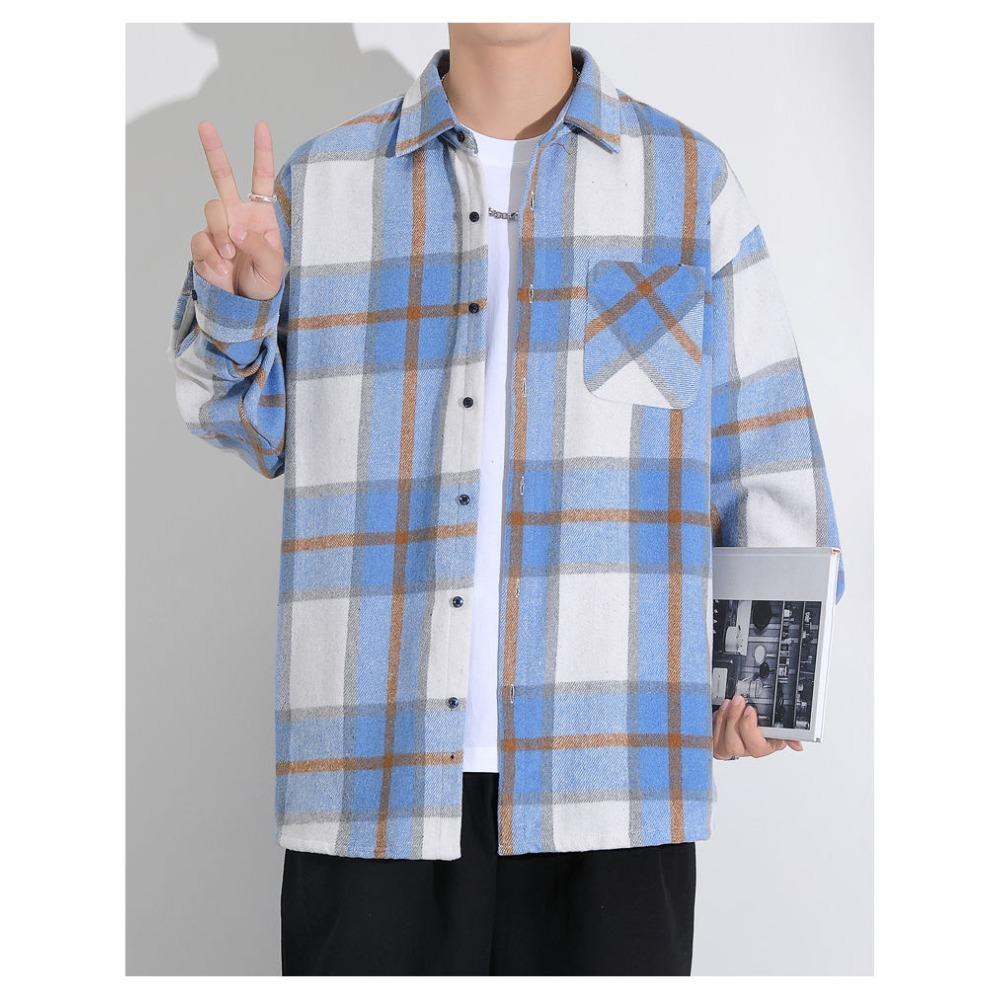 Autumn Fashion Preppy Style Plaid Vintage Men Shirt Coats Lapel Long Sleeve Casual Loose High Street Panelled England Jackets