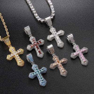 Square Colored Zircon Cross Pendant, Personalized Full Diamond Necklace, Hipster Hip-Hop Jewelry.