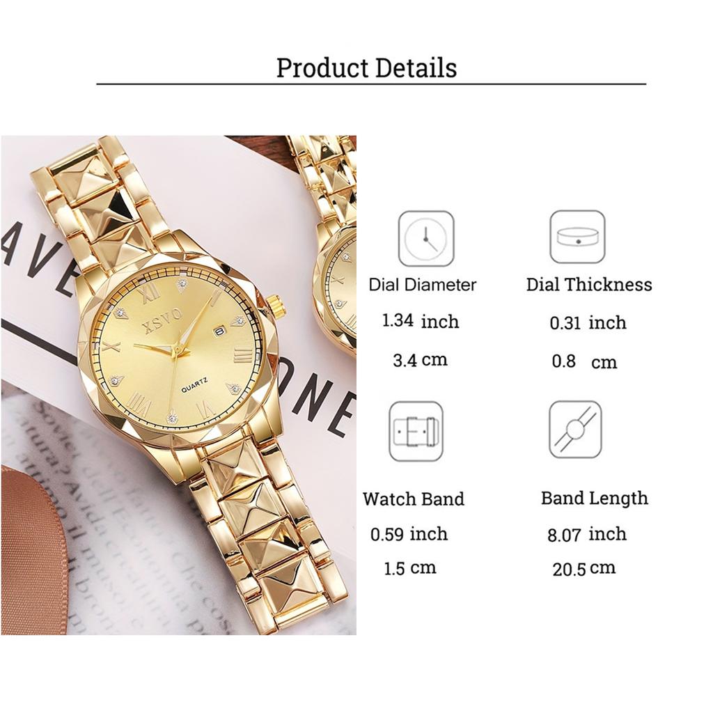 Luxury Couple Quartz Watch with Diamond Roman Dial Calendar Steel Band Couple Watch Set