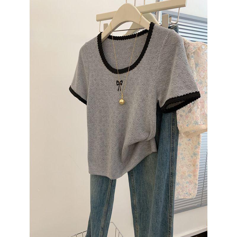 

Loose Slimming [40.00 Kg-100.00 kg] Hollow Design Ice Silk Short sleeve T-shirt Women Summer French style Square Collar Top Women Picture Color 2XL