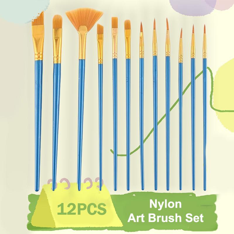 Künstler-Nylon-Flachpinsel-Set 12 Stück Borsten-Aquarellpinsel für Öl-Acrylmalerei Kunstwerkzeuge für Schule und Atelier