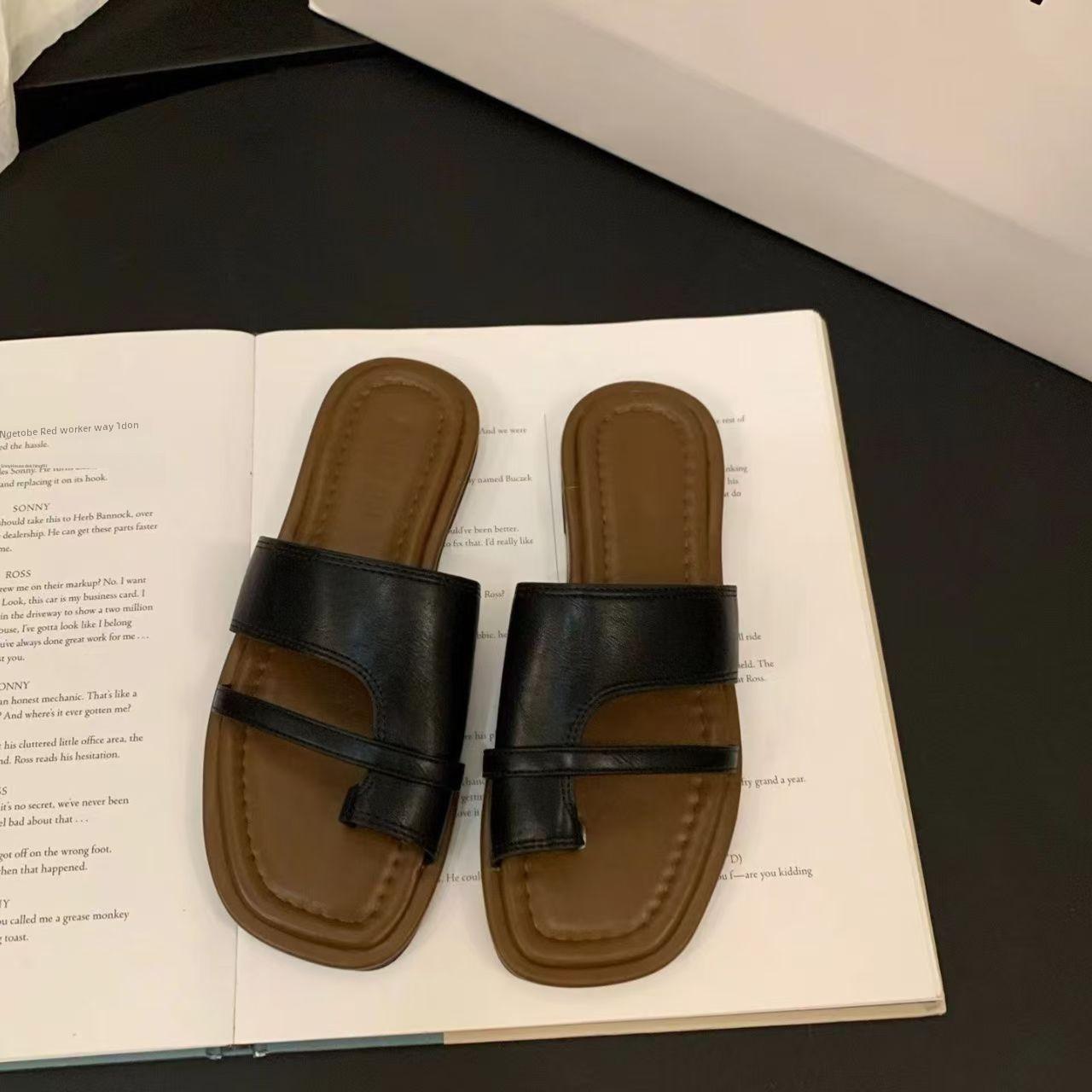 

Летние женские сандалии на плоской подошве с открытым носком, повседневные пляжные сандалии без застежек для отпуска и повседневной носки 36/37 чёрный