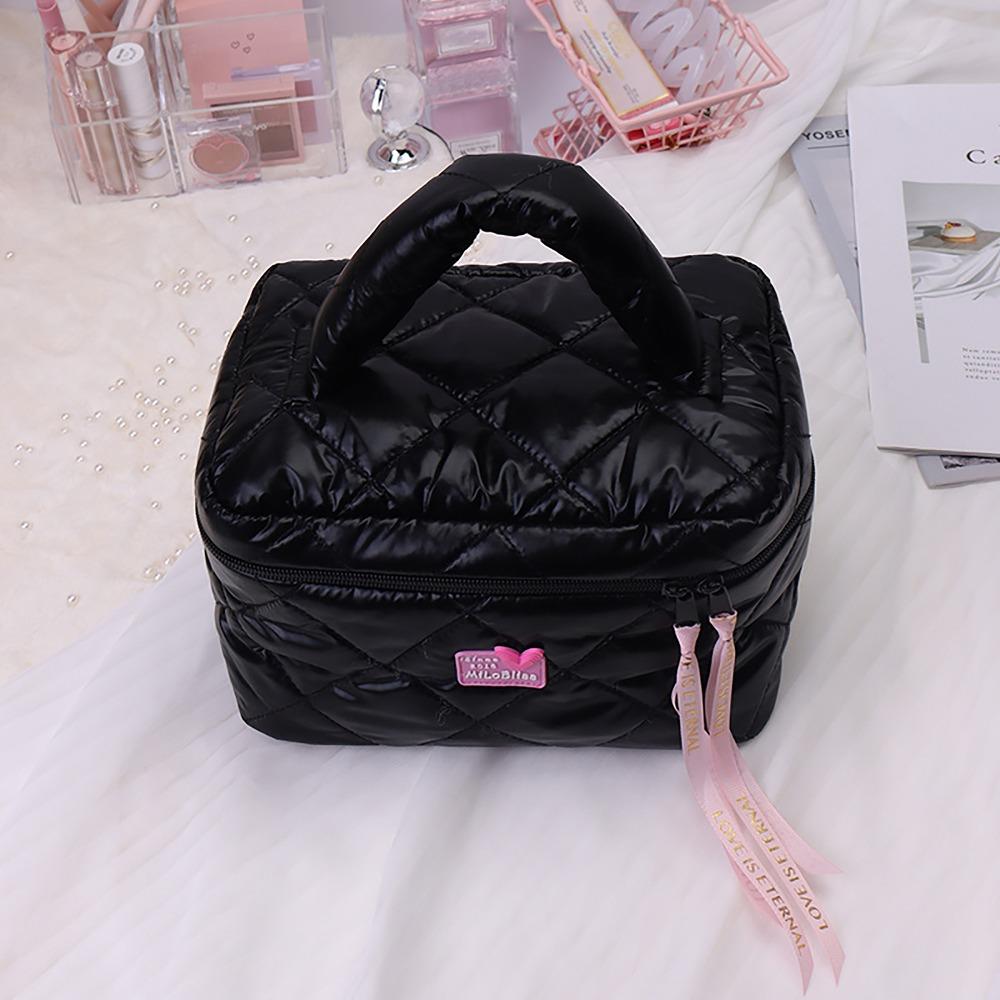 Wide Open Quilted Makeup Bag Large Capacity Zipper Handle Travel Toiletry Cosmetic Bag Ladies Makeup Storage Bags