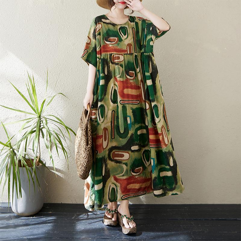 DIMANAF 2024 Übergröße Kleid Neu Sommer Basic Locker Damen O-Ausschnitt Vintage Kurzarm Große Größe Strand Langes Kleid