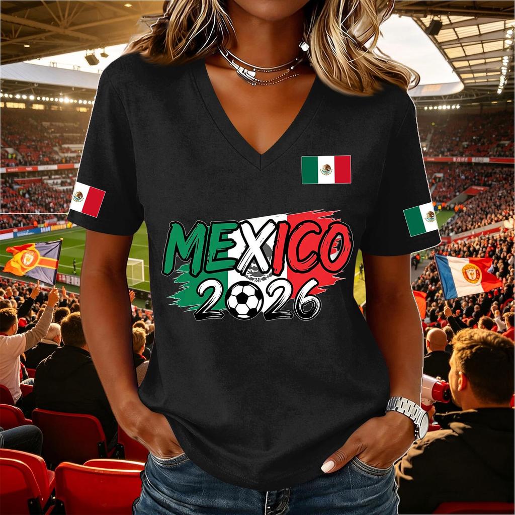 Women's Casual V Neck Pullover Short Sleeve Top Soccer National Flag Print Support Shirt Mexico 2026 Design Lightweight Comfortable Fit