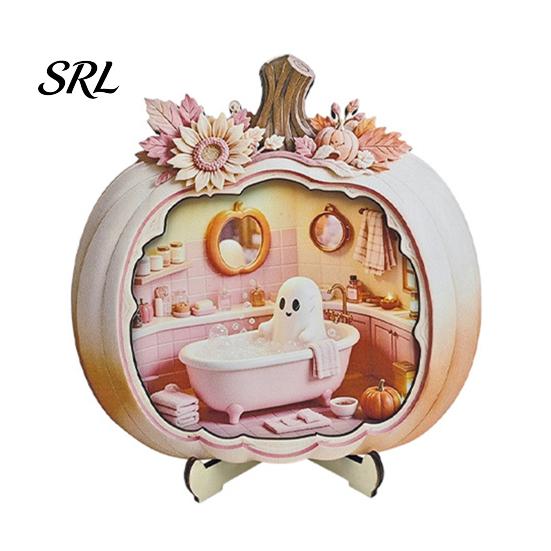 Indoor Fall Seasonal Ornament Halloween Ghost Pumpkin Wooden Plaque, 2D Flat Tabletop Sign, Desktop Festive Home Accessory Spooky Bathing Reading for