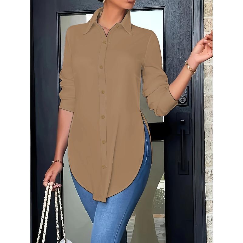 Women'S Slim Fit Long Sleeve Button-Up Shirt with Side Slit  Stylish Tailoring Durable Construction, Stylish Blouse, Fashion Lovers
