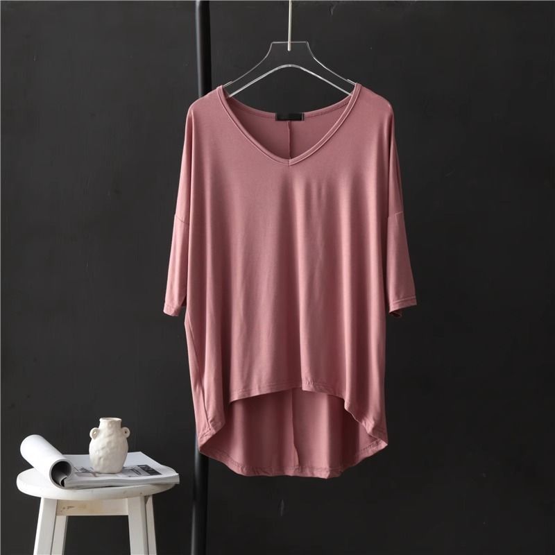 V-neck Undershirt Women's Five Quarter Sleeved T-shirt Summer Thin Plus Size Loose Sleepwear Mid Sleeved Korean Top