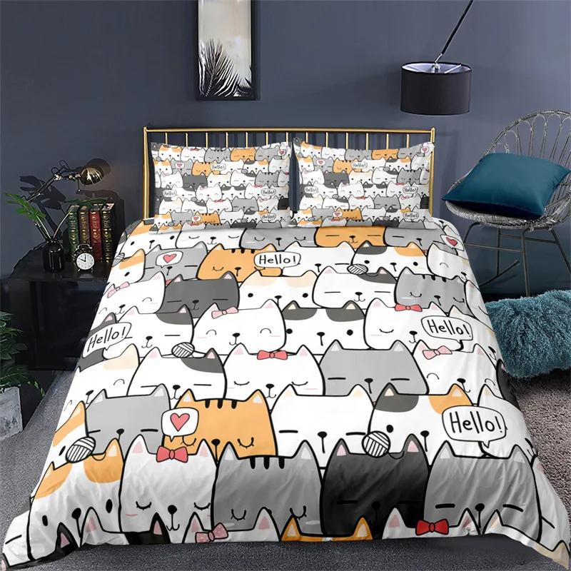Kawaii Animal Duvet Cover Cute Cat Bedding Set For Girls Boys Kids, Pet Theme Cartoon Kitten Comforter Cover Lovely Cat Bed Set