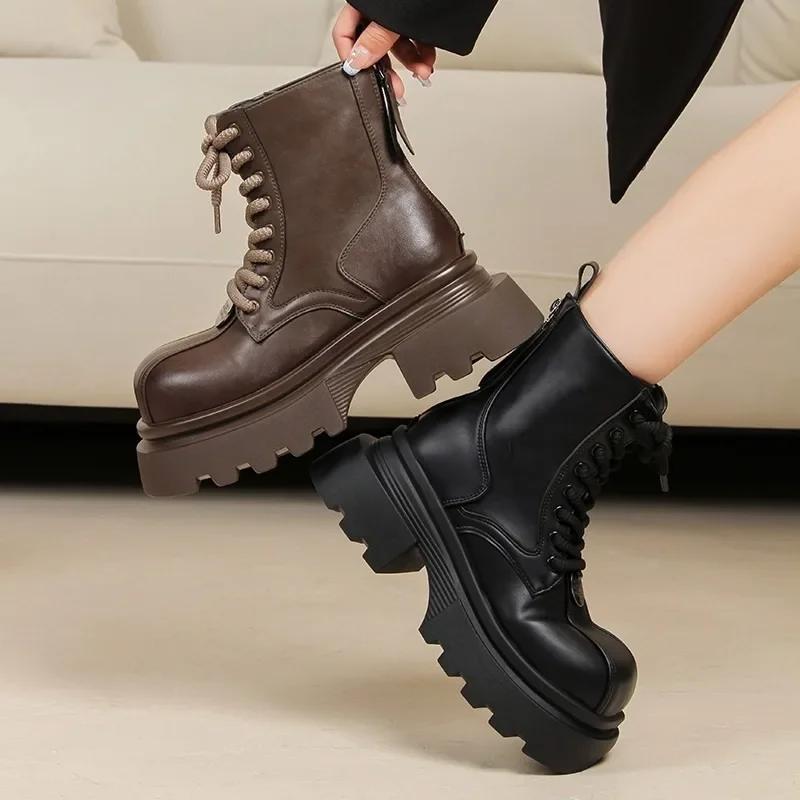 Fashion 2024 New Shoes Female Lace Up Women's Boots Winter Rome Round Toe Solid Short Barrel Platform Chunky Heels Zipper Fashion Boots