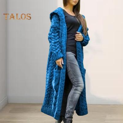 Veste pull mi-longue à capuche pour femme avec poches, couleur unie, texture torsadée, manches longues, grande taille, vêtements d'extérieur épais pour le quotidien