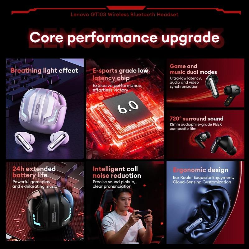 Cuffie da Gaming Wireless Originali Lenovo GT103 Suono Surround 720° Auricolari Bluetooth 6.0 Auricolari Sportivi con Cancellazione del Rumore (ENC) Luce Respiratoria Blu Ghiaccio