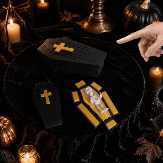 Folding Coffins Figurine 3D Printed with Skeleton Ornament, Miniature Articulated Statue, Gothic Window Decor Dark Desktop Decoration for Halloween