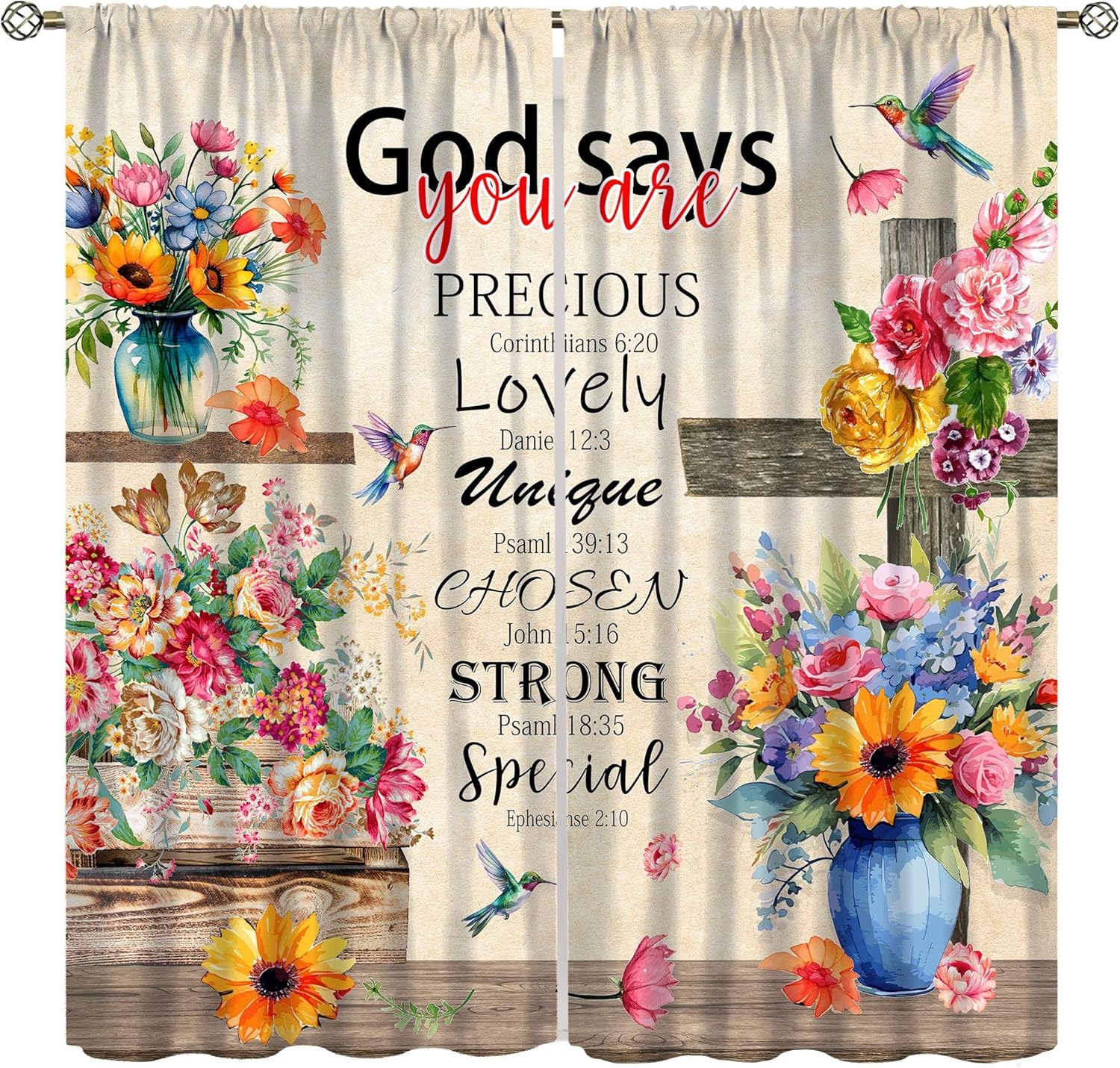 

Birds Bible Verse Kitchen Curtains, Christian Rustic Flower Cross Scripture Quote Hummingbird Window Drapes For Bedroom W60H190(CM)-1 Pcs
