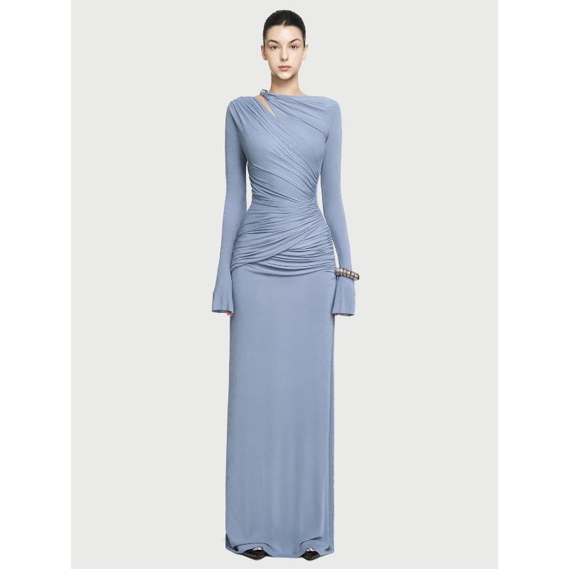 Herbst Neue Mode Temperament Langarm Elegant Falten Taille High-End Kleid