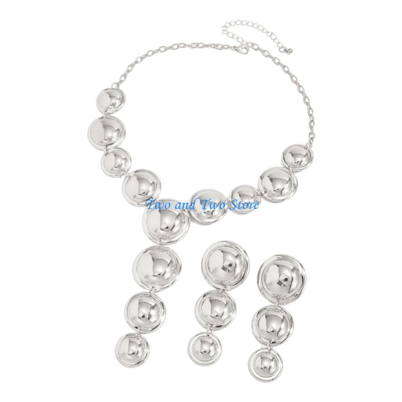 HX6F Comfortable Geometric Necklace and Earrings Set Featuring Round Design Metal Texture Suitable for Extended Comfort