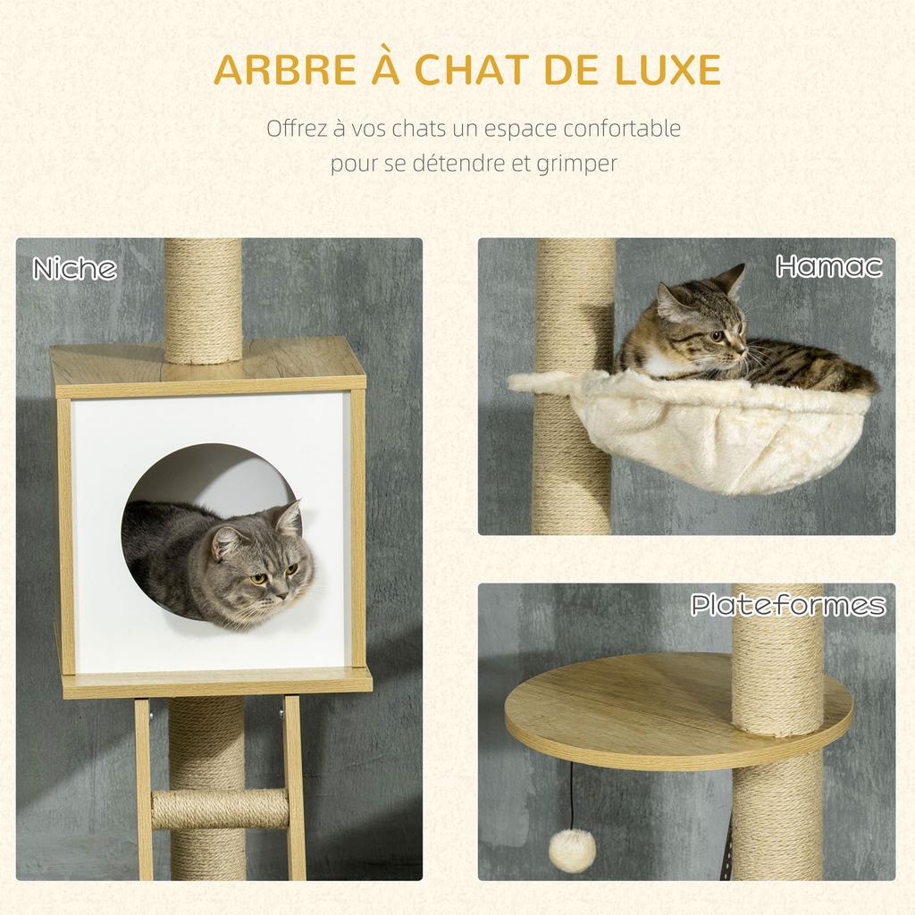 Floor To Ceiling Cat Tree Adjustable Height 225 285 Cm With Scratching Post 4 Levels Nest Hammock Ladder Games Beige