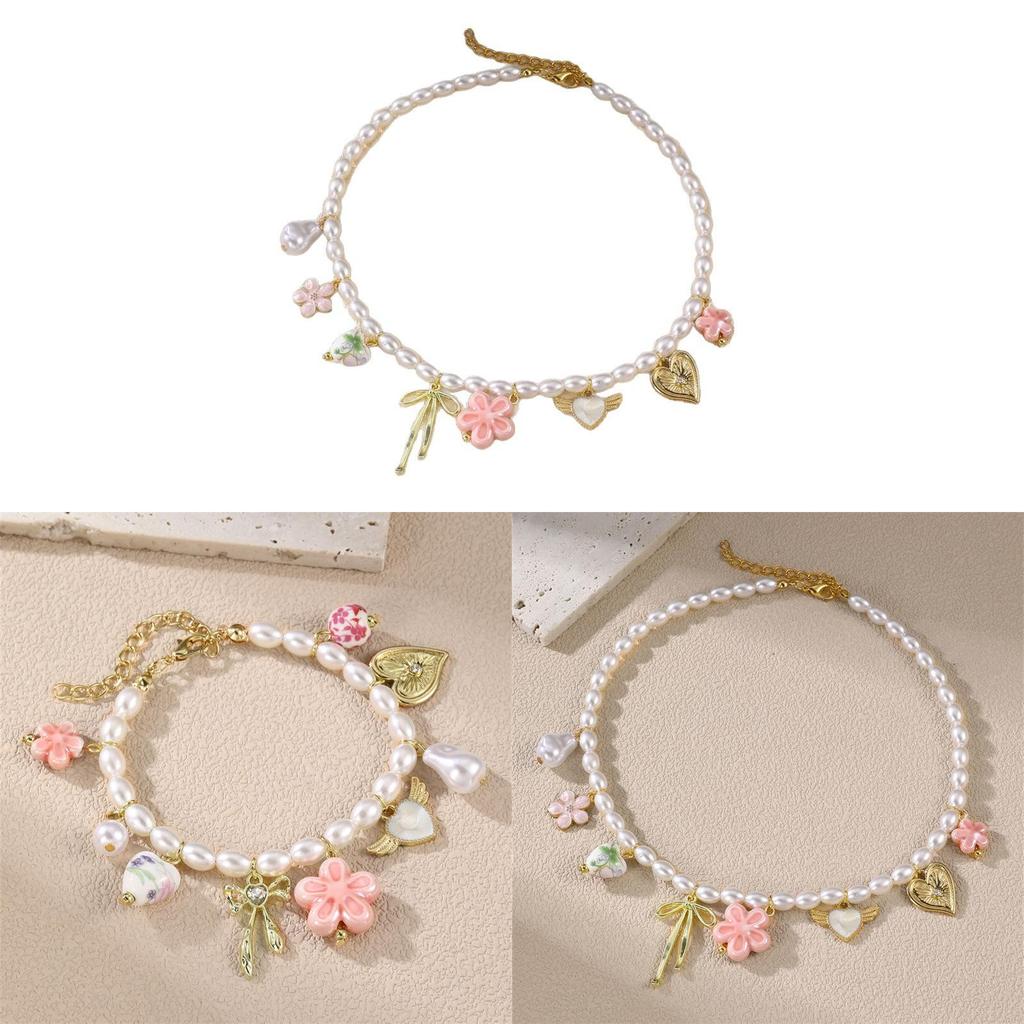Geometric Heart Pendant Necklace And Bracelet Set For Women With Pearl And Alloy Jewelry