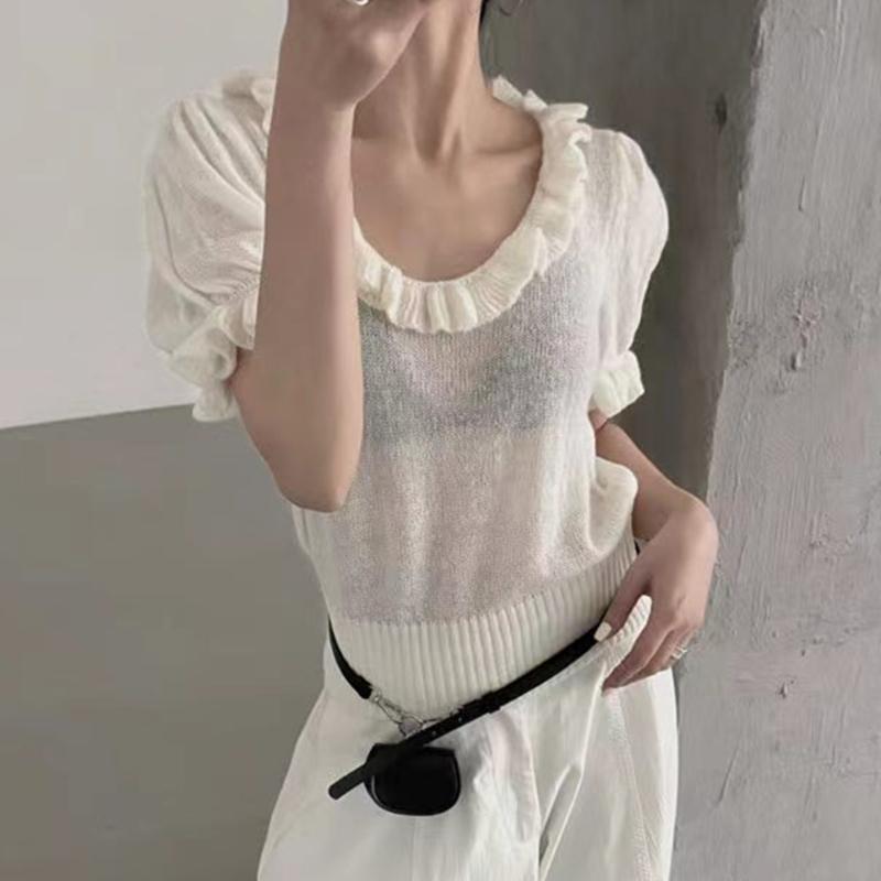 Korean Style V-Ne Knitted Top Women's Spring Summer Thin Micro-Light Waist-Cinching Spicy Girl Faion Wood Ain Design