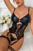 Black Lame Leather Tulle Detailed Fishnet Stockings Garter Set Nightgown