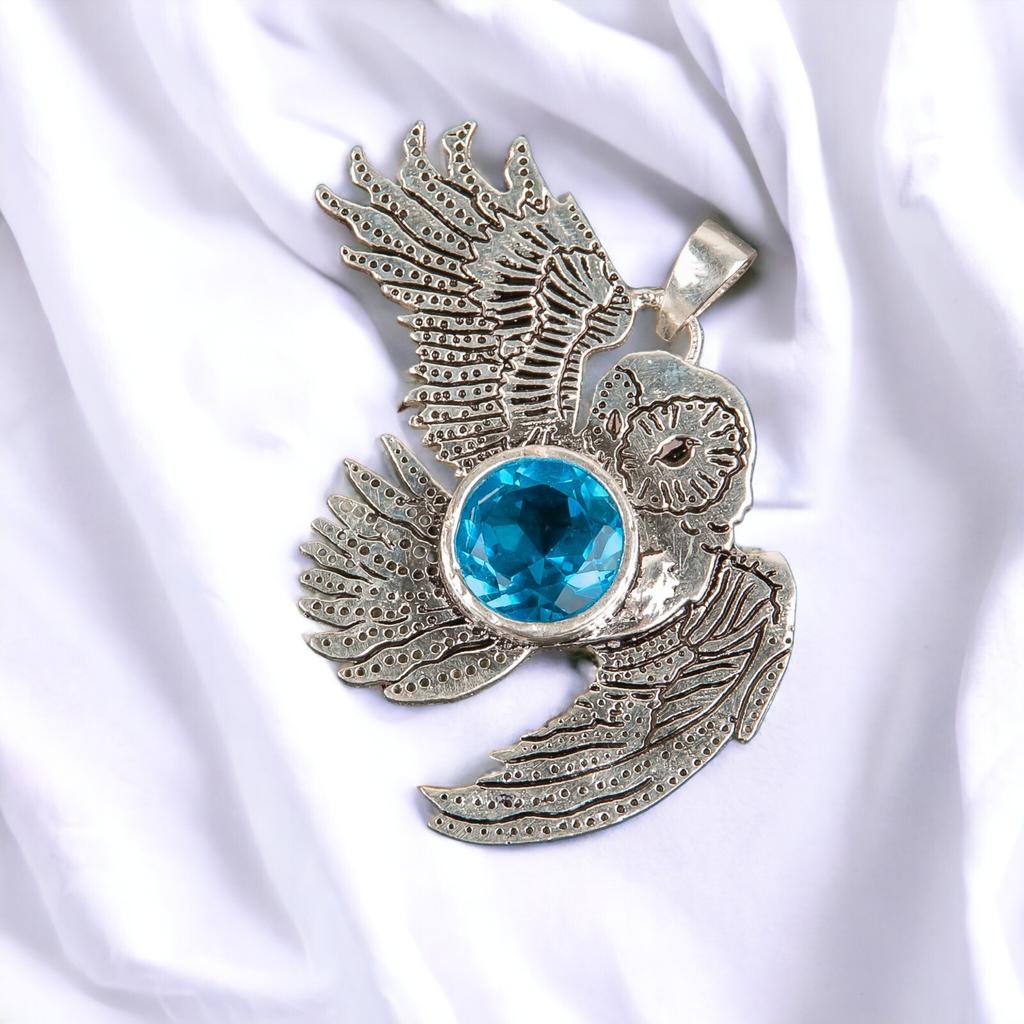 925 Sterling Silver Multi Gemstone Owl Designer Good Luck Jewelry Pendant 1.3" CP-16