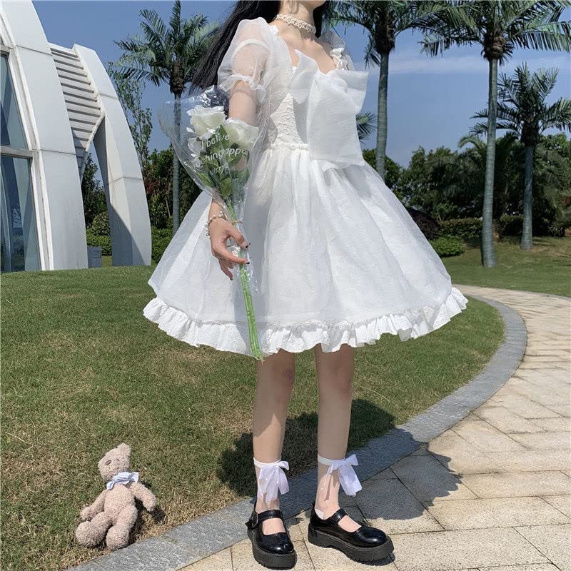 Lady Lazy Lolita Gothic Lolita Short Sleeve Chiffon Dress with Above the Cosplay Ribbon, Knee, (Size L, White)