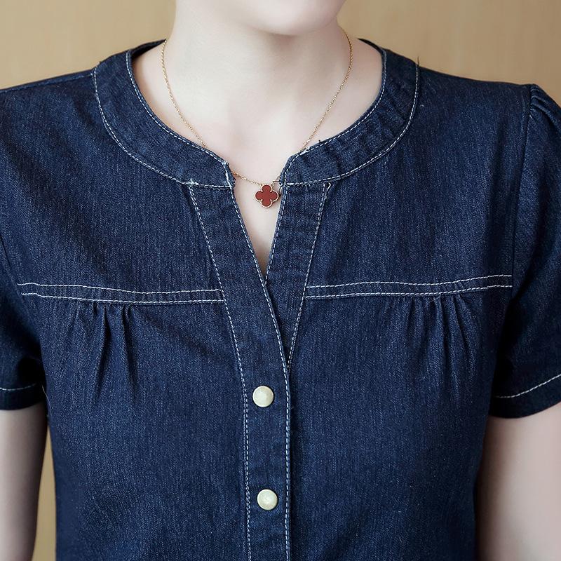 Rochie din denim de damă stil coreean mărime plus cu mâneci scurte și fustă din denim de lungime medie care reduce vârsta brodată