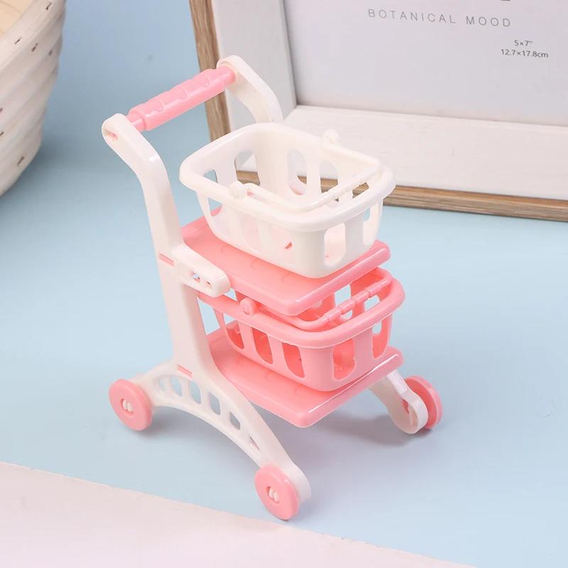 New 1/12 Dollhouse Simulation Mini Supermarket Shopping Cart Baby Trolley Shopping Basket Model Dollhouse Decoration Accessories
