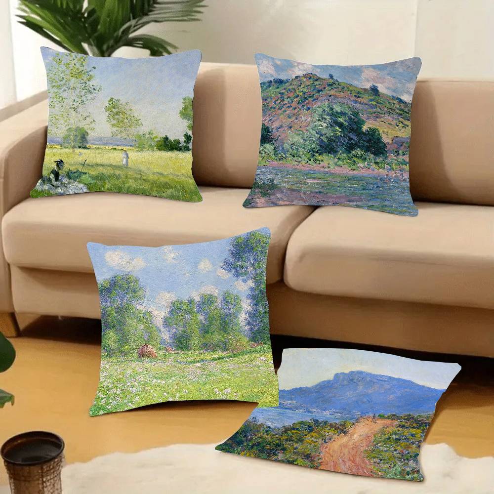 C-Claude MonetS Art Pillow Case Sofa Decorative Home Double-sided Printing Short Plush Cushion Pillow Cover Holiday Gift