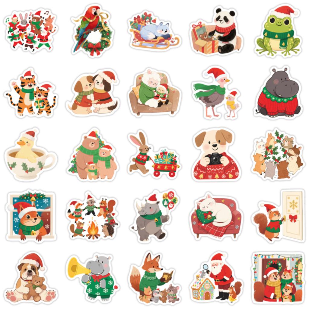 50 Uroczych Kreskówkowych Naklejek ze Zwierzętami na Boże Narodzenie do Dekorowania Etui na Telefon, Butelek na Wodę, Biurek i Dzienników