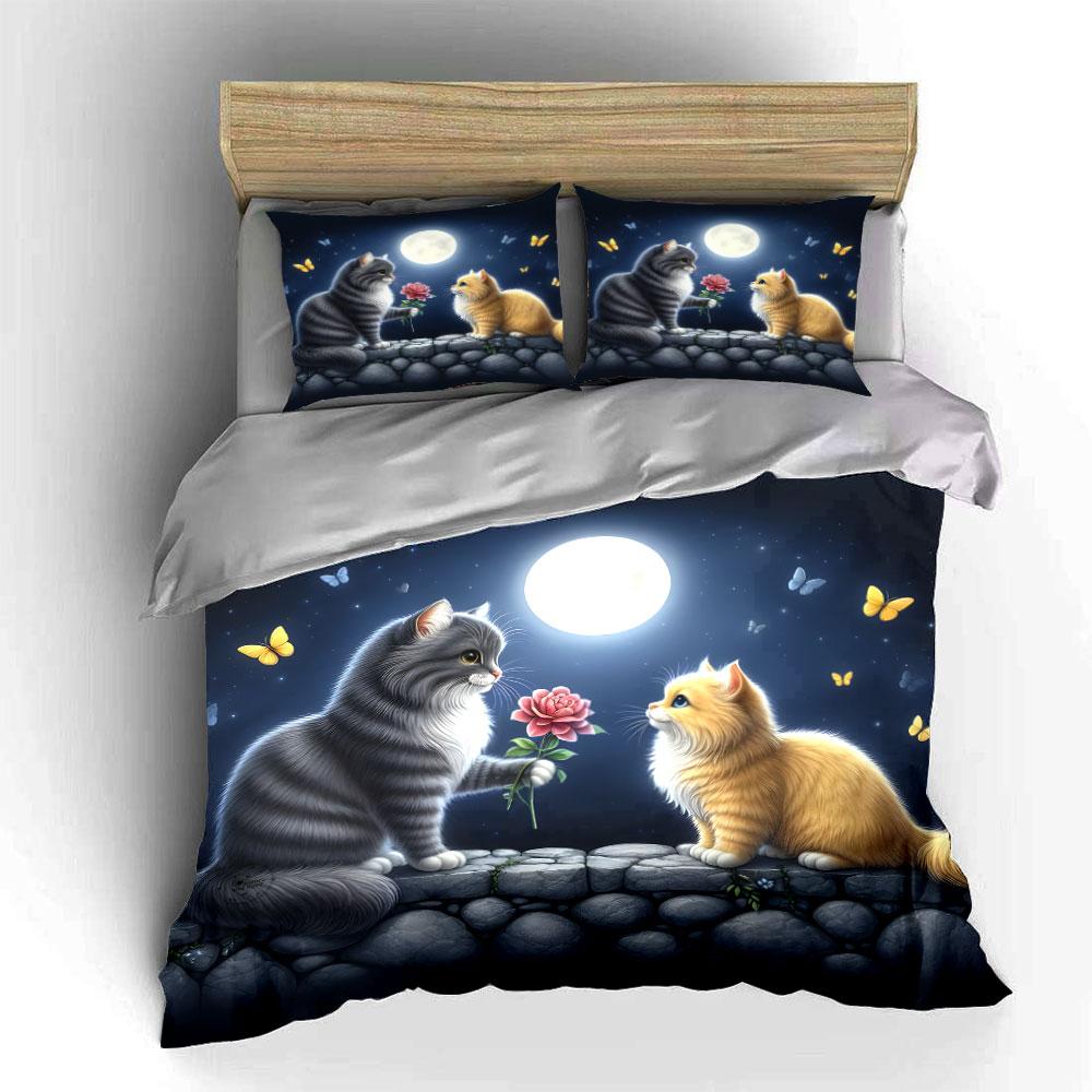 Romantic Cats Under Moonlight Scene Kid'S And Adults' Bedroom Decor, Exquisite Three-Piece Bedding Set Gift