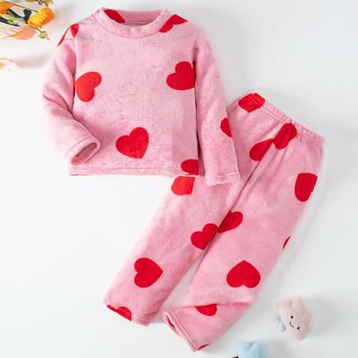 2-piece Autumn And Winter Children's Coral Velvet Warm Love Printed Set for Boys and Girls Cute Casual Sports Home Furnishings