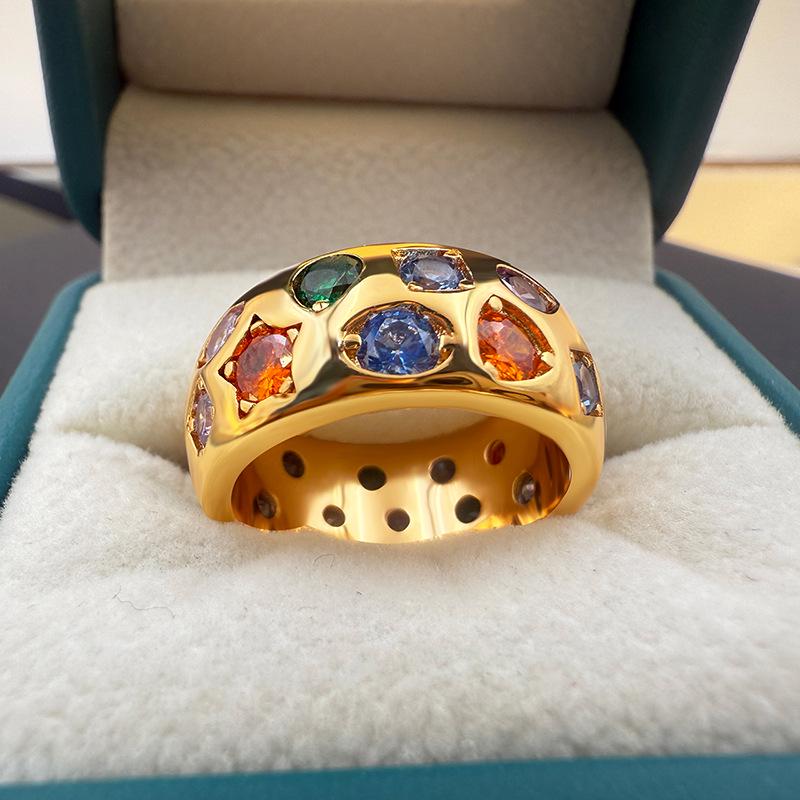 Inel la modă european și american cu zirconiu colorat încrustat – Design retro de lux ușor