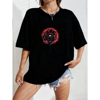 Biały T-shirt Oversize z Czerwonym Nadrukiem Mniszka Lekarskiego do Noszenia na Co Dzień