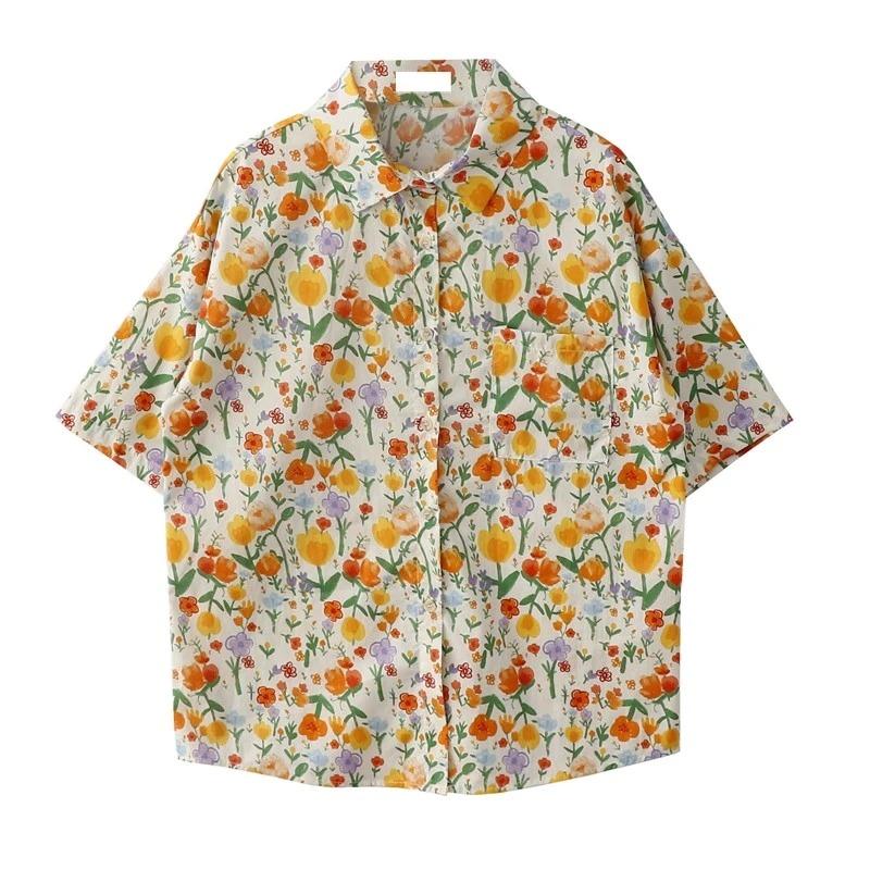 

Womens Floral Print Short Sleeve Button Up Shirt OneSize абрикосовый