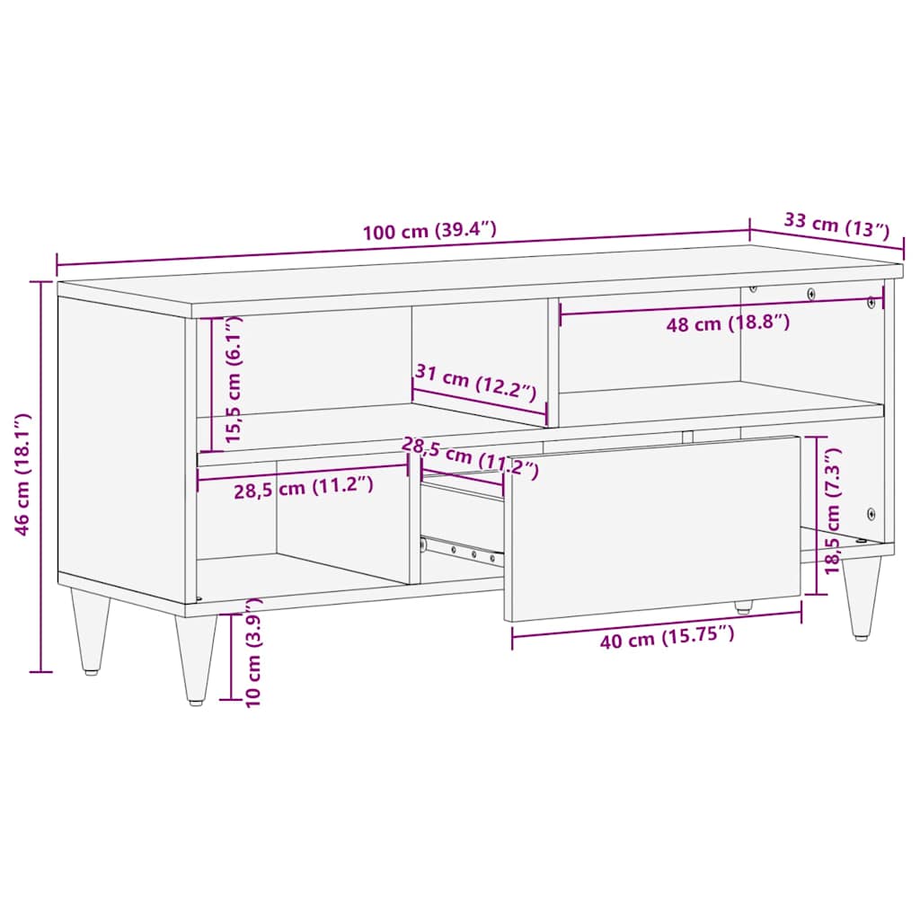 TV Stand with Shelf Black 100 x 33 x 46 cm Solid Mango Wood