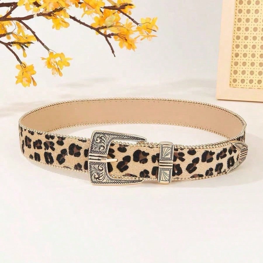 Retro American Y2k Leopard Print Niche Carved Metal Buckle Belt Waist Belt for Women