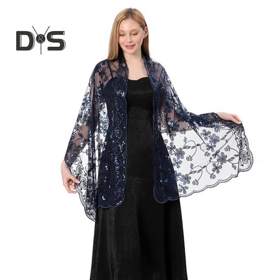 

Женская шаль с блестками и цветочным декором, тонкая, легкая, универсальная, накидка, пышная, большая, повседневная шаль темно-синий