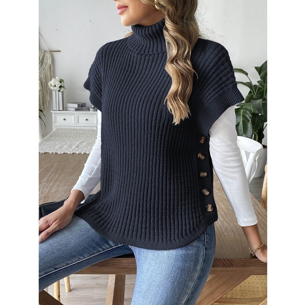 Damen Frühling Herbst Pullover und Sweater Weste Seitenknopf Dekoration Rollkragen Lässige Gestrickte Tanktops