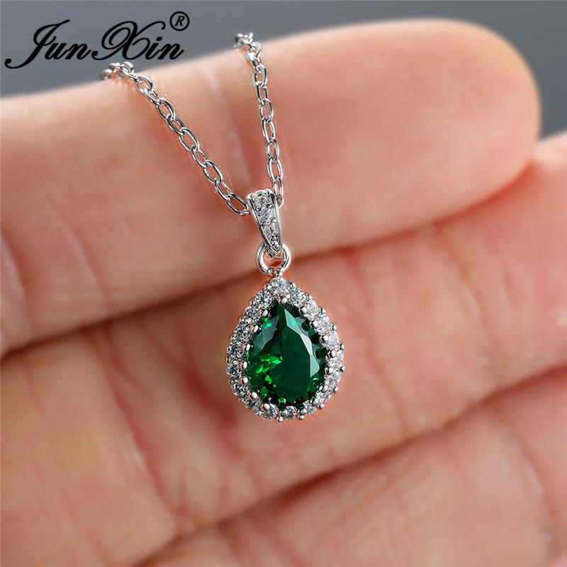 Multicolor Crystal Water Drop Stone Pendant Green Red Blue Zircon Necklaces For Women White Gold Colorful Pear Cz Wedding Choker