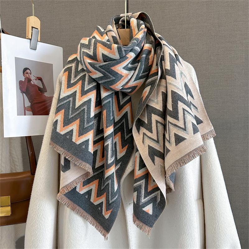 Luxury Brand Cashmere Women Stripe Scarf Winter Warm Shawl and Wrap Bandana Pashmina Female Foulard Square Thick Blanket Poncho