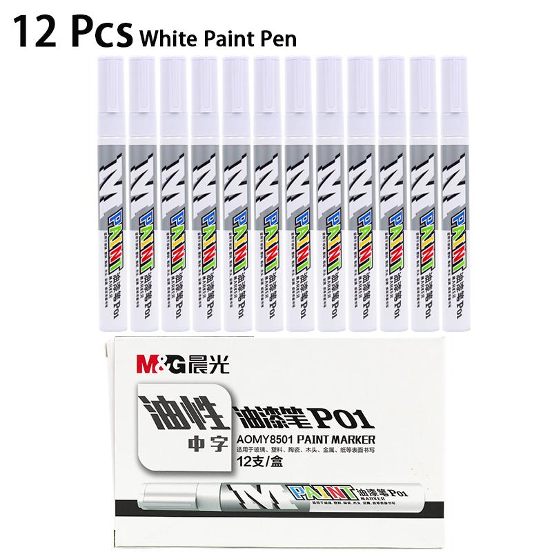 M&G 1/12 Pcs 2mm Black Blue Red White Silver Waterproof Paint Pen Oil-based Paint Car Scratch Repair Pen Auto Touch Up Paint Pen