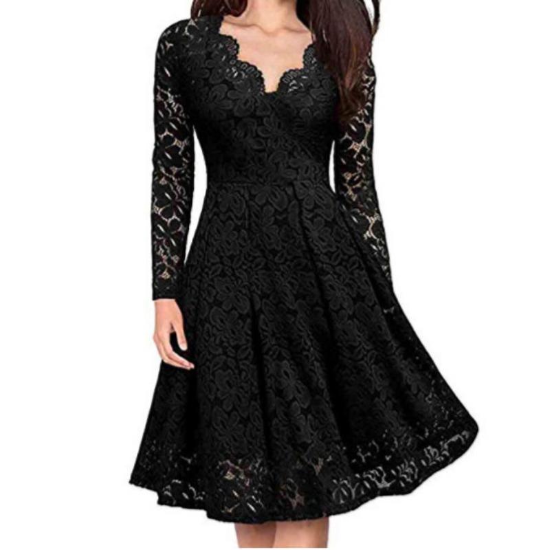 

YYFS Женская мода осень-зима однотонные кружевные принты с длинным рукавом V-образным вырезом средней талии повседневные платья XXXL чёрный