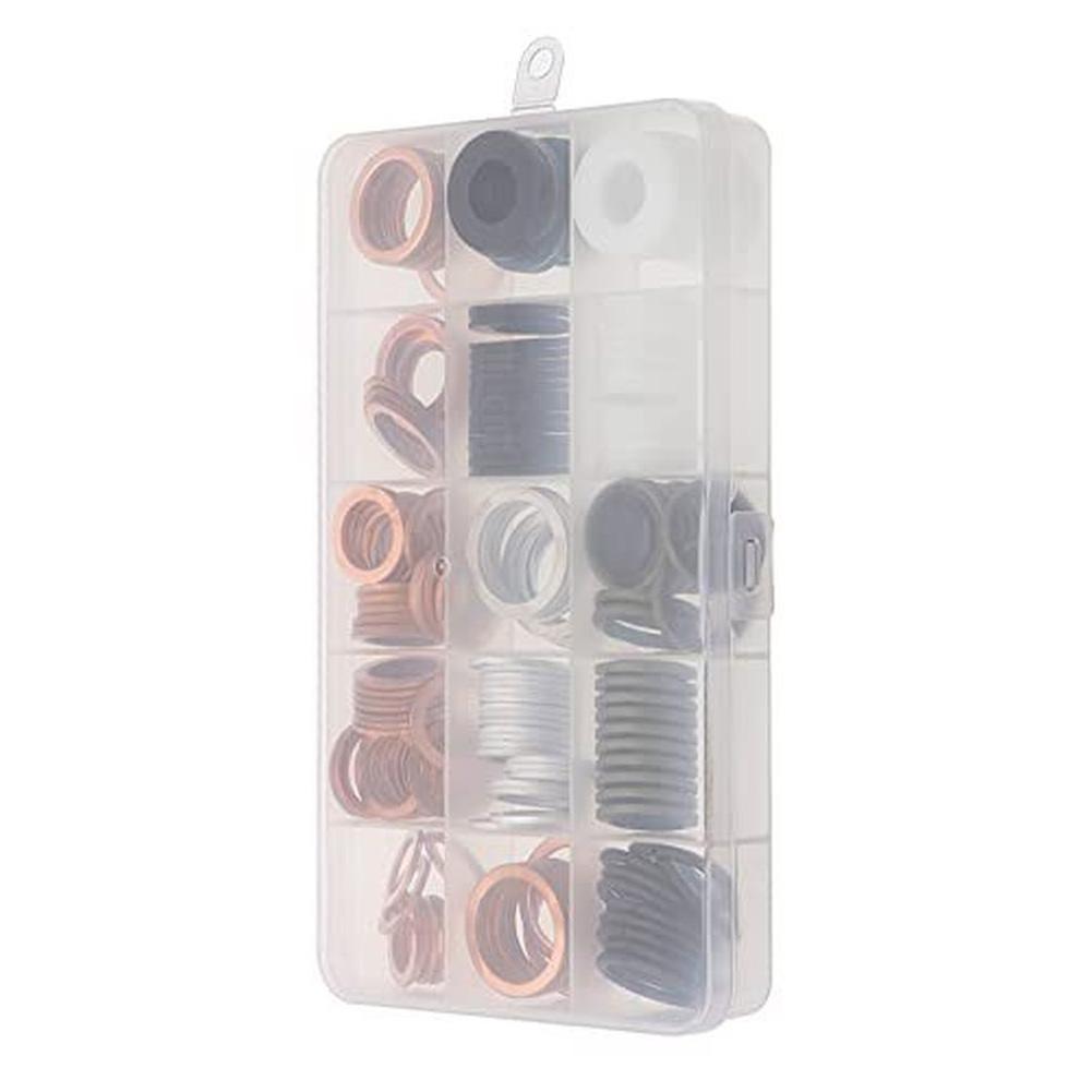 Boxed set of 190 copper mixed gaskets designed for automotive marine and household appliance sealing applications