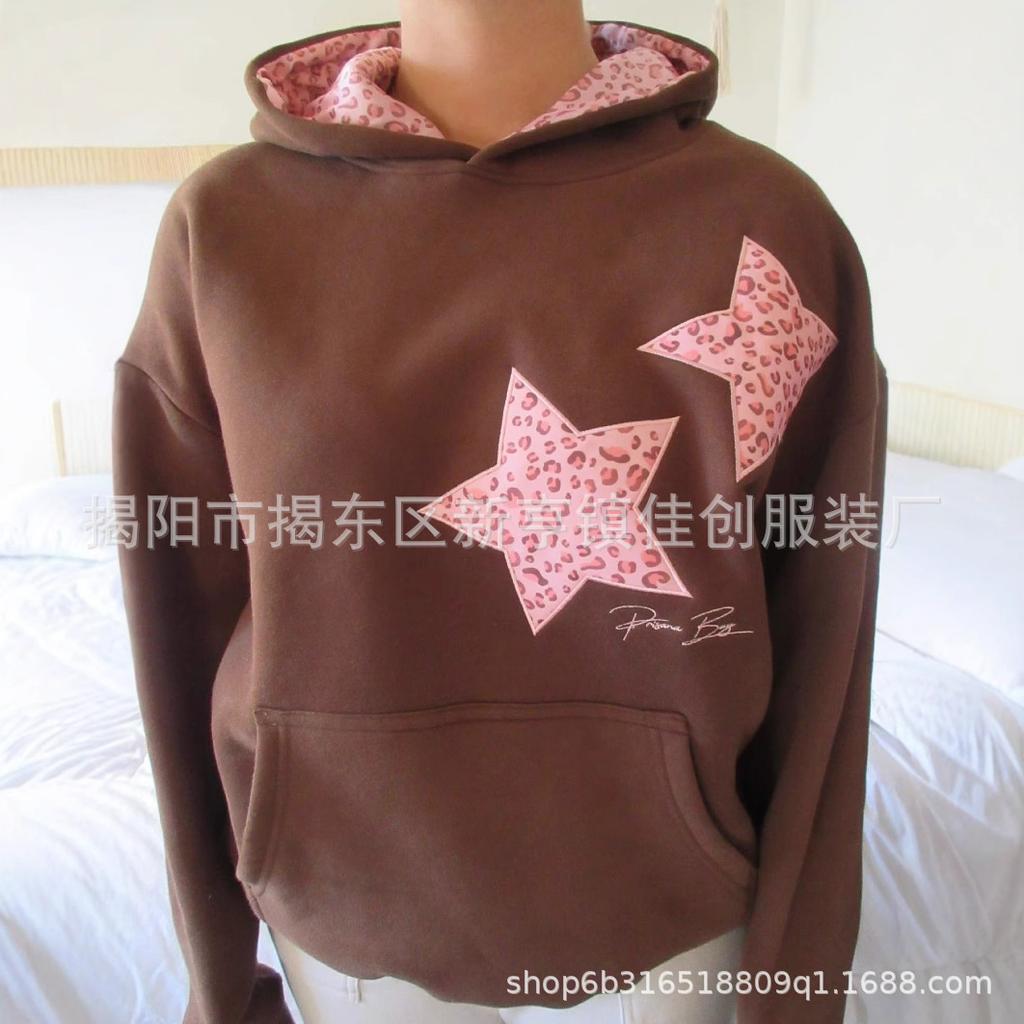 Unisex Hoodie Crew Neck Long Sleeve Oversized Sweatshirt Streetwear Leopard Star Patchwork Pullover Top