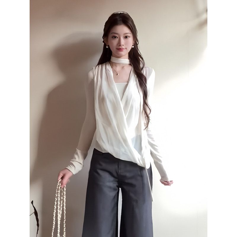

French-Style Faux Two-Piece Long-Sleeve Top for Women, Early Spring Design with Draped Overlay Mesh Knitwear, White Halter Neck T-Shirt Rice Apricot Color S