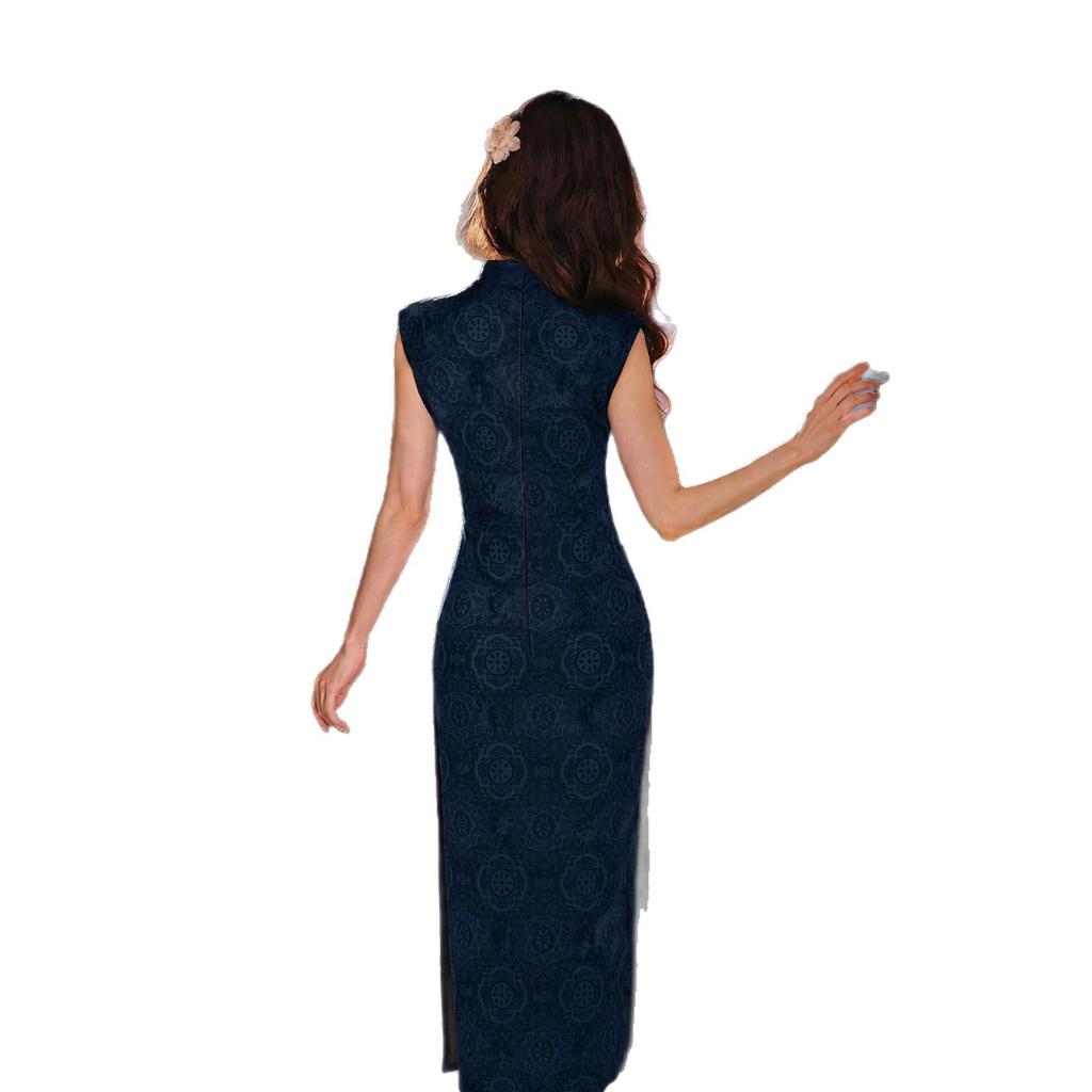Improved cheongsam sleeveless stand-up collar blue jacquard high-end atmospheric retro Republic of China style slim dress can be worn every day